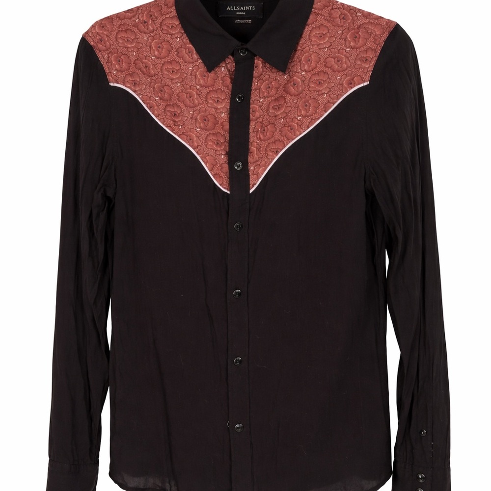 All Saints Men's Black Shirt with Red Patterned Yoke